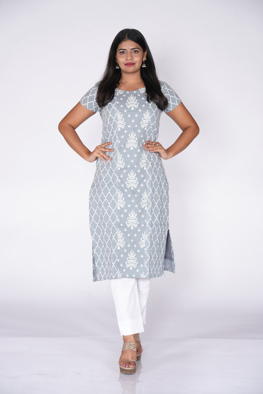 Grey kurti with white pattern print