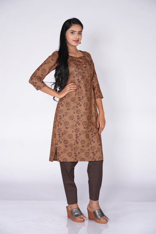 Woodbutton Coffee Cotton Kurti