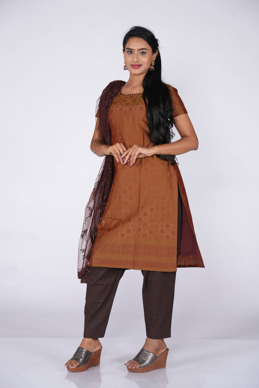 Self Print Kurti - Brown with Asymmetric Neck