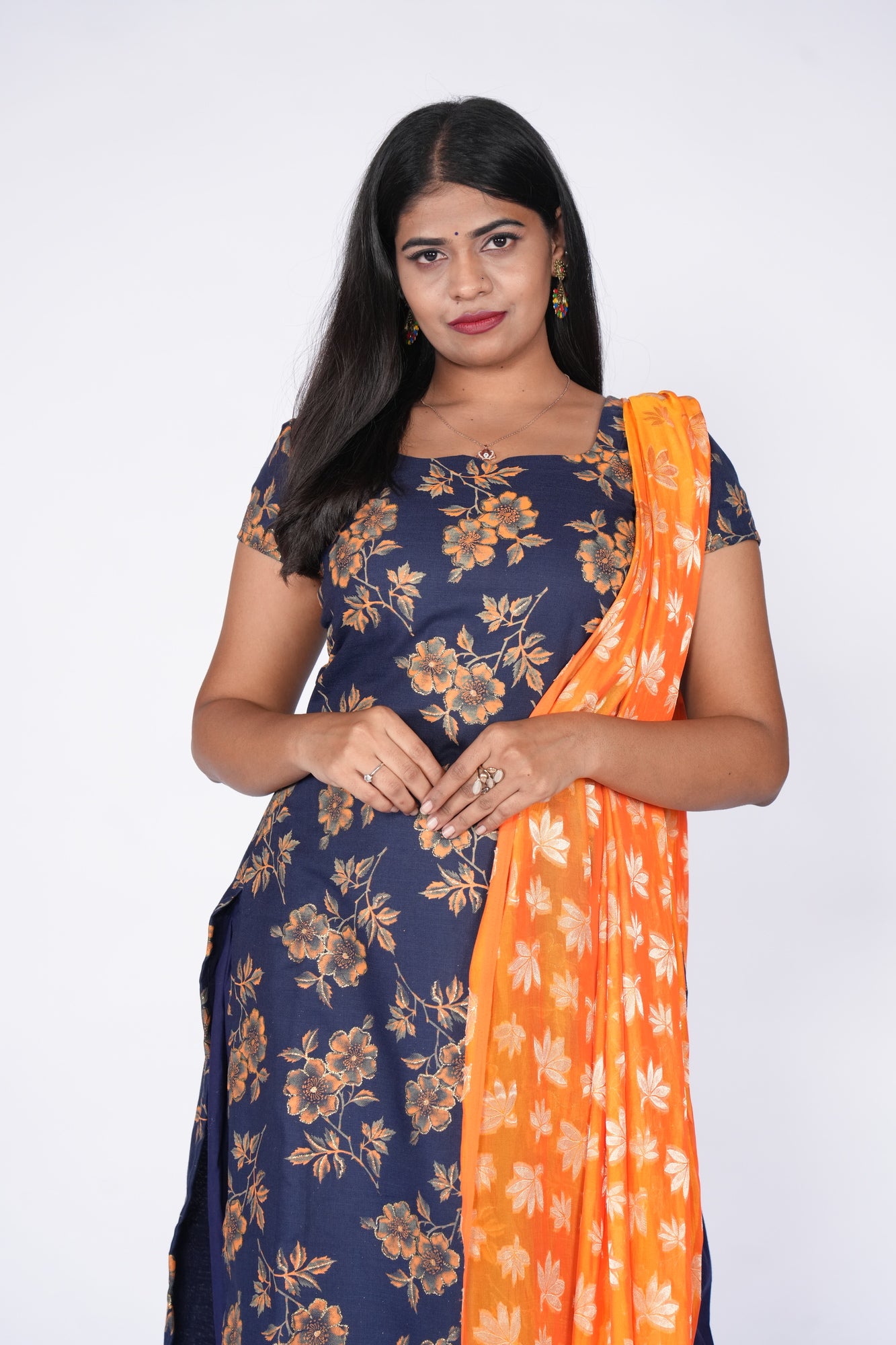 Blue Orange Big Floral Cotton Top