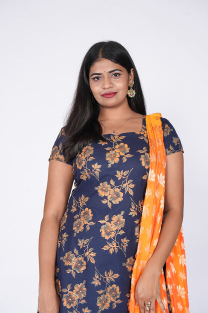 Blue Orange Big Floral Cotton Top