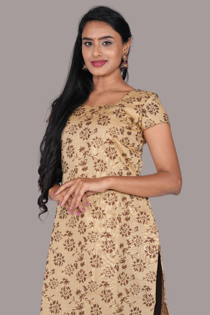 Cream Coffee Block Printed Kurti