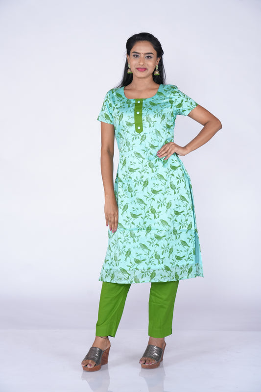 Parrot Printed Kurti - Blue Chanderi