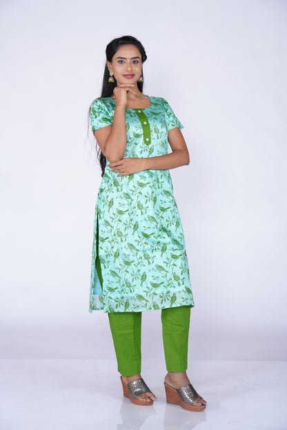 Parrot Printed Kurti - Blue Chanderi