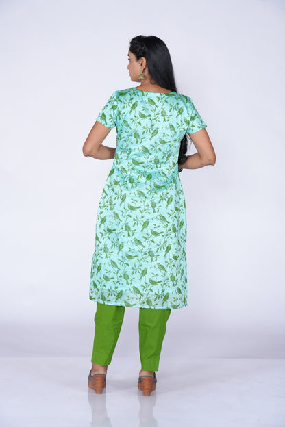 Parrot Printed Kurti - Blue Chanderi