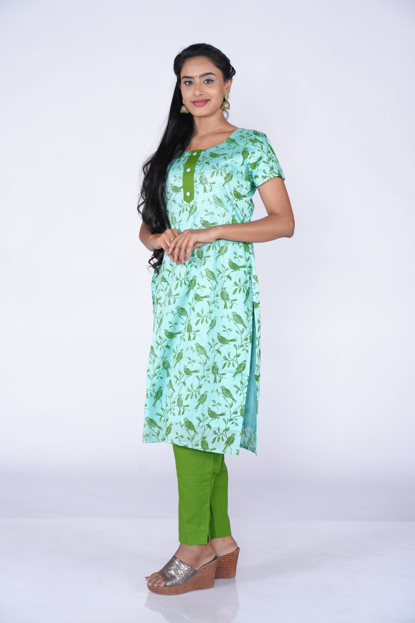 Parrot Printed Kurti - Blue Chanderi