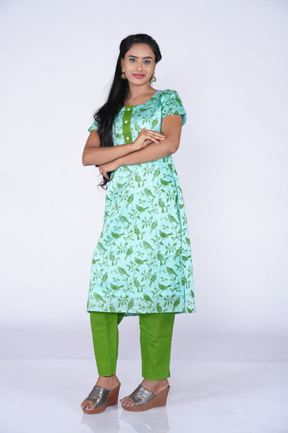 Parrot Printed Kurti - Blue Chanderi