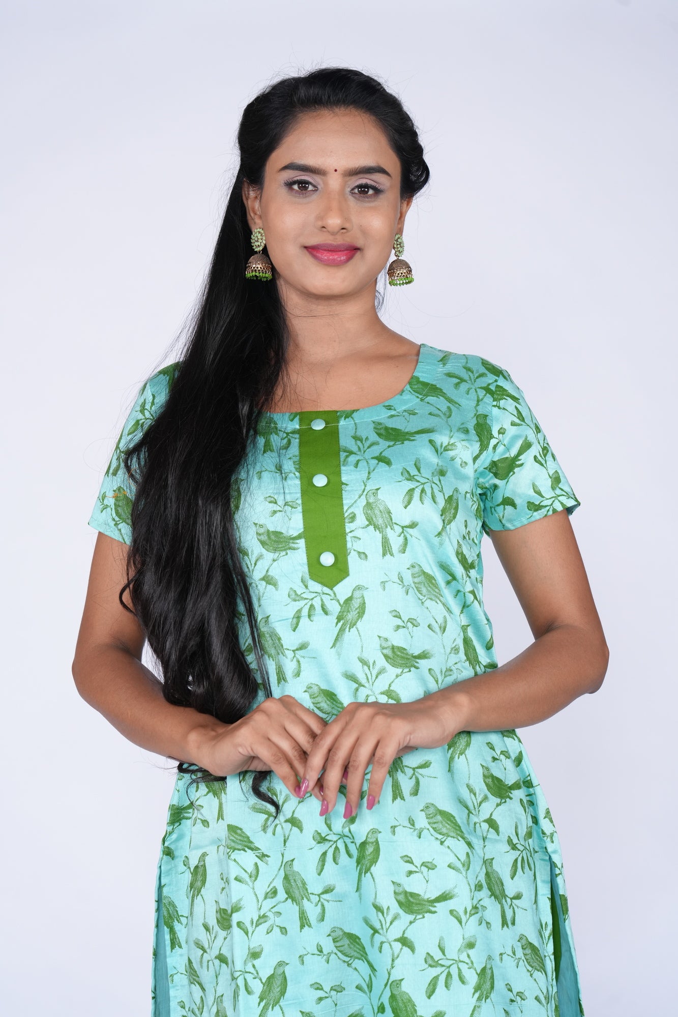 Parrot Printed Kurti - Blue Chanderi