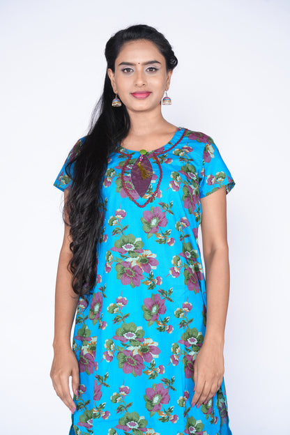 floral print Blue Cotton Kurti