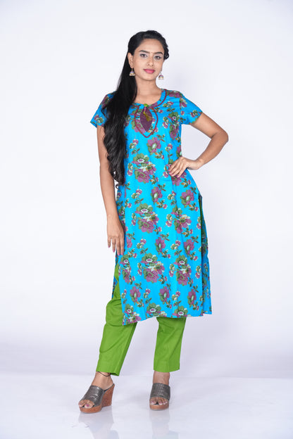 floral print Blue Cotton Kurti