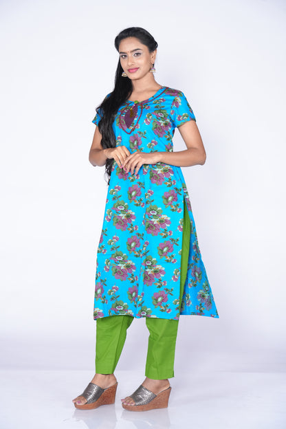 floral print Blue Cotton Kurti