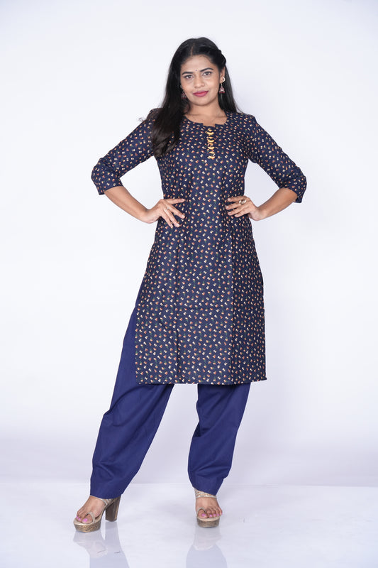 WoodRings Pattern Blue Cotton Kurti