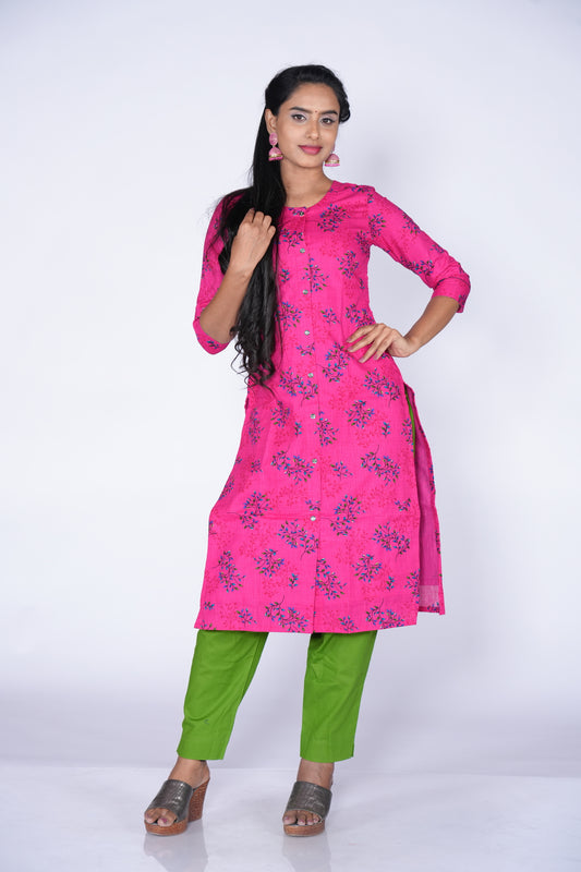 Premium Dark pink with blue floral print kurti