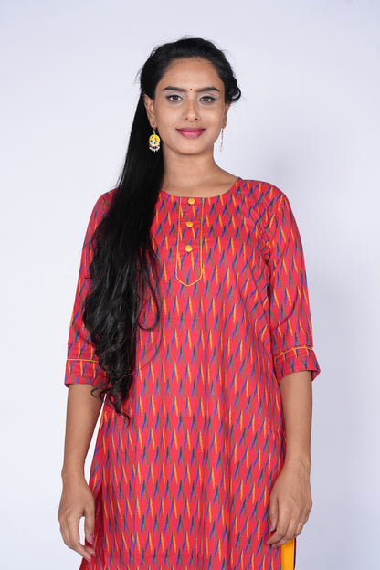 Ikkat prt Red Yellow Cotton Top