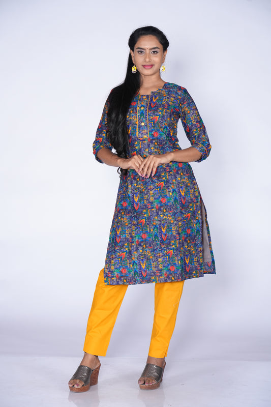 Premium Blue with Multicolour kurti