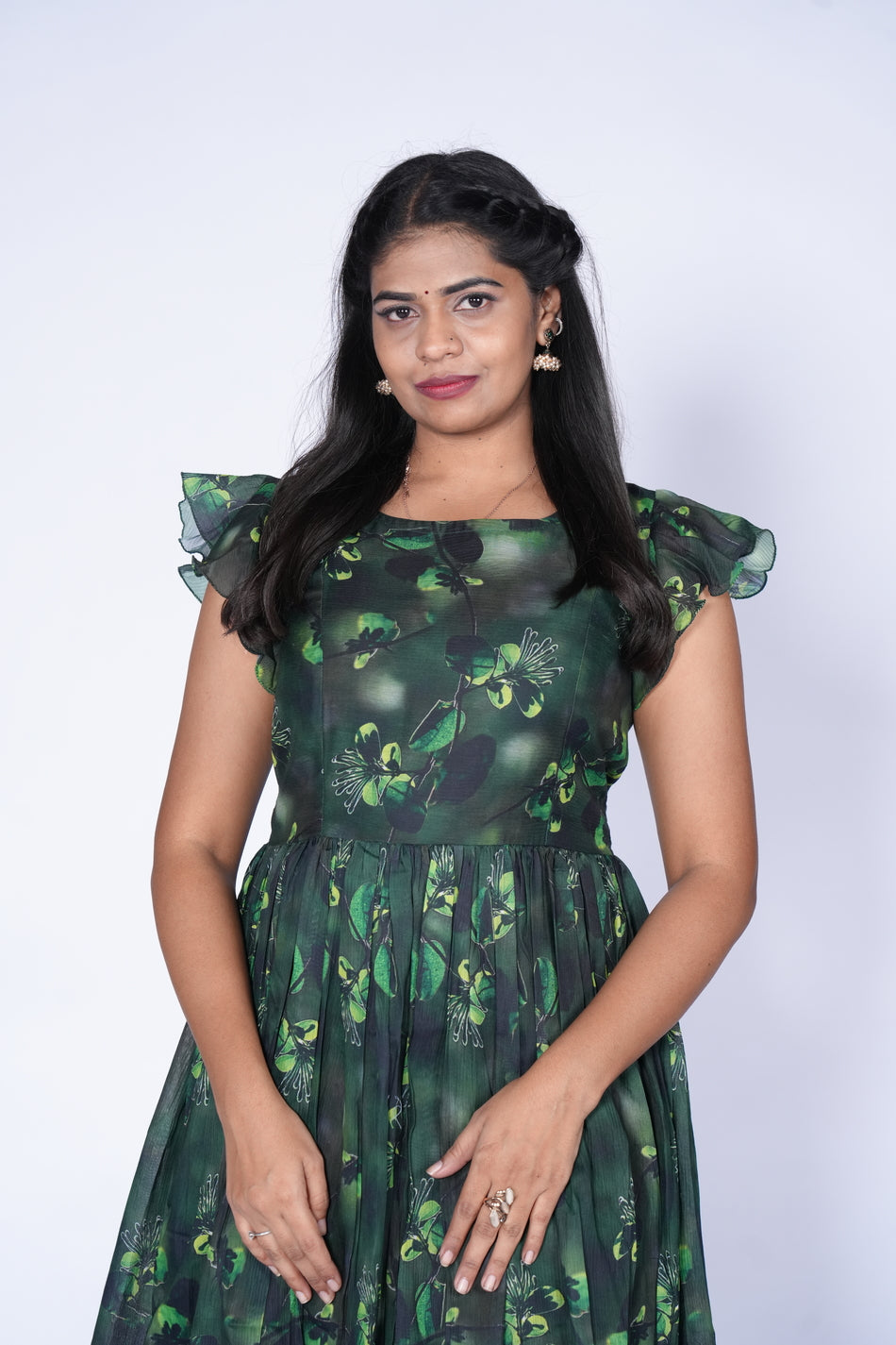 Green Color Floral Print Frock