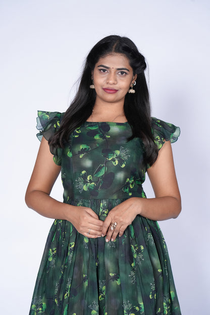 Green Color Floral Print Frock