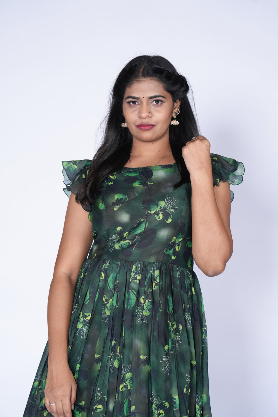 Green Color Floral Print Frock