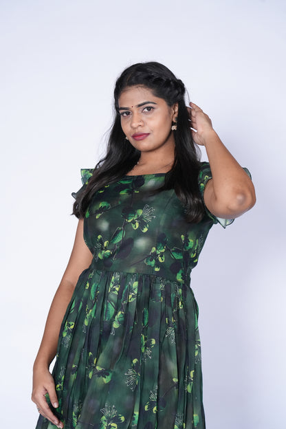 Green Color Floral Print Frock