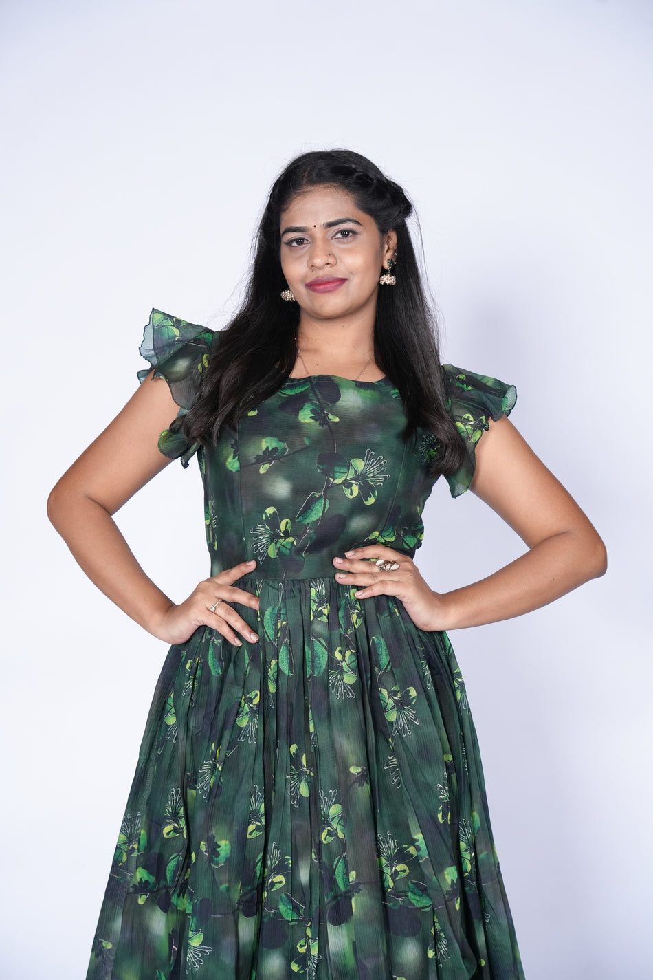 Green Color Floral Print Frock