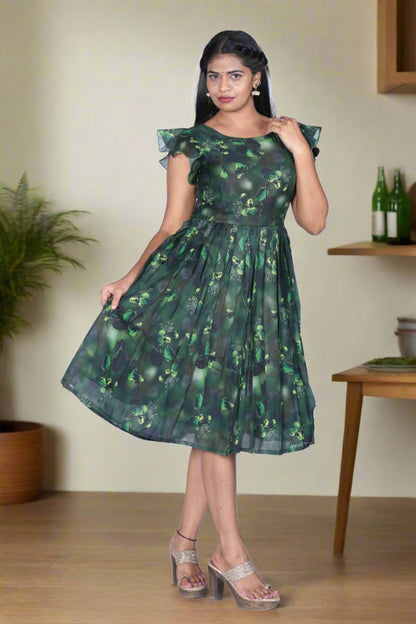 Green Color Floral Print Frock