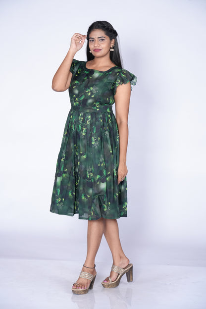 Green Color Floral Print Frock