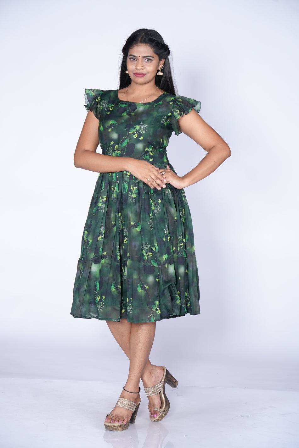 Green Color Floral Print Frock