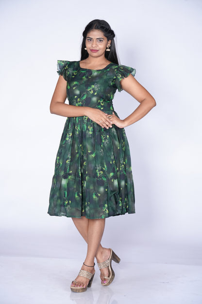 Green Color Floral Print Frock