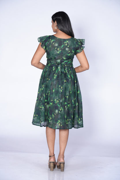 Green Color Floral Print Frock