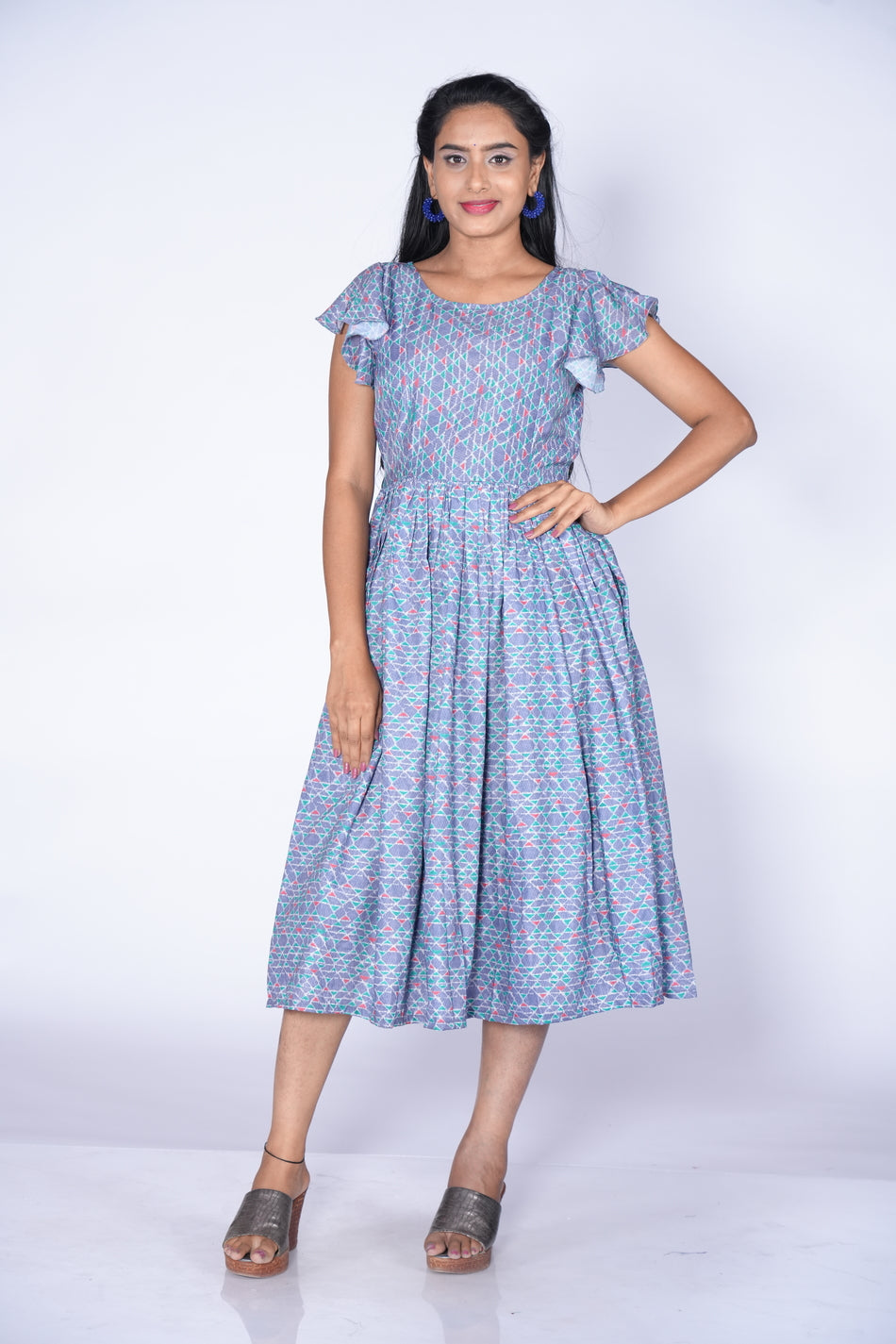 Ice Blue Color Rayon Cotton Frock