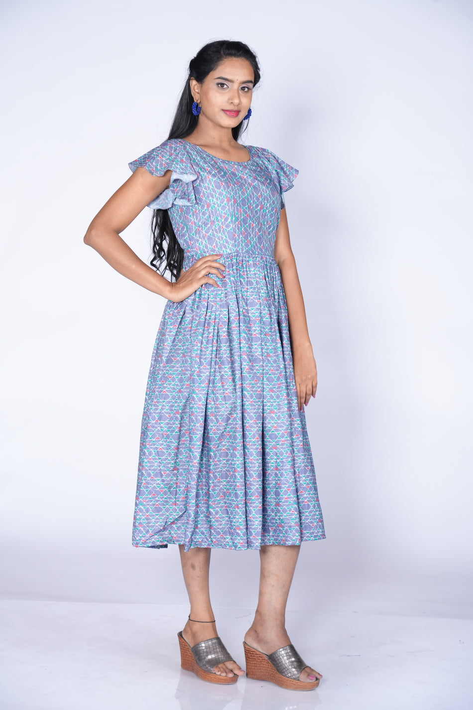 Ice Blue Color Rayon Cotton Frock