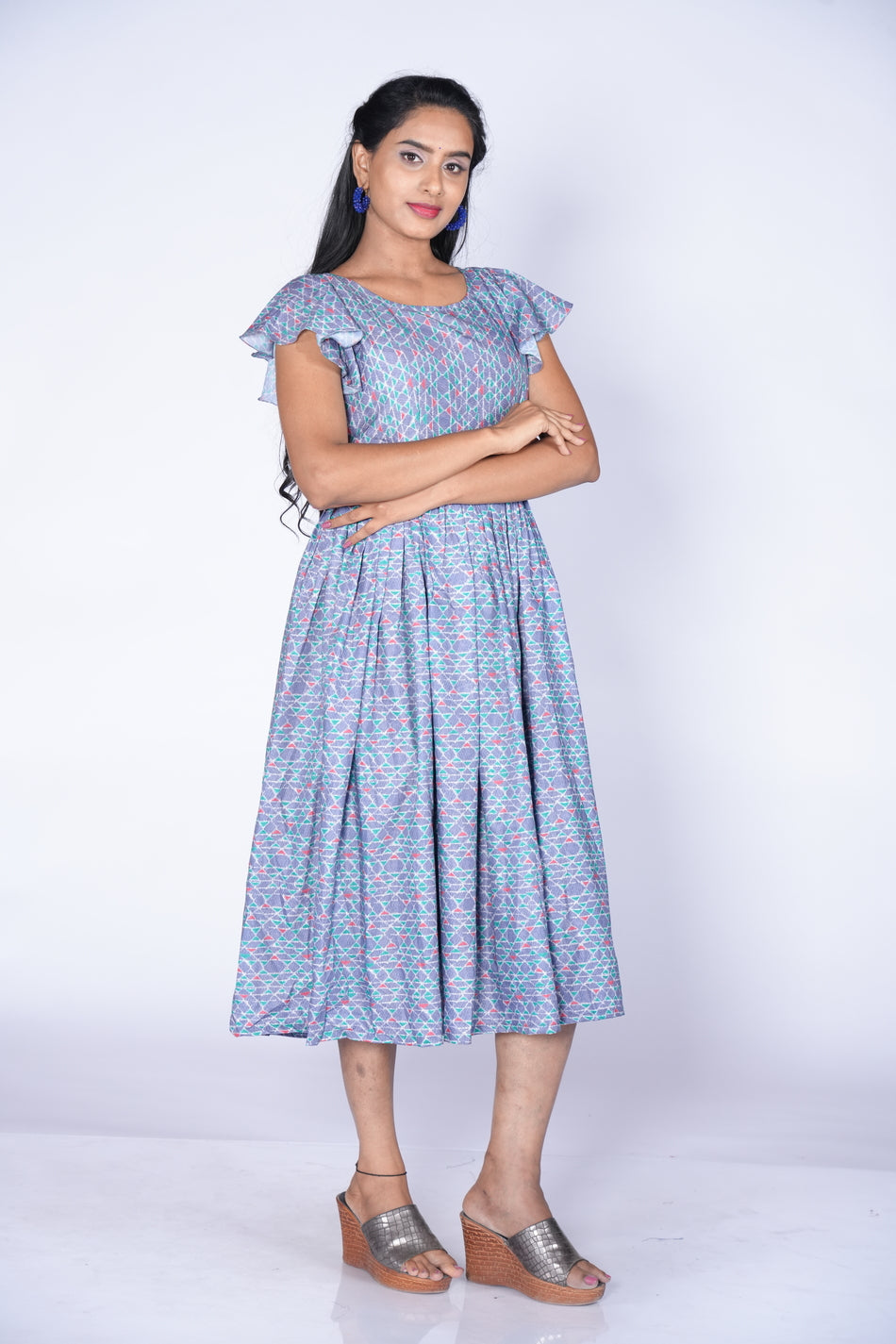 Ice Blue Color Rayon Cotton Frock