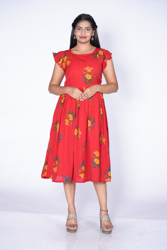 Red Color Floral Frill Frock