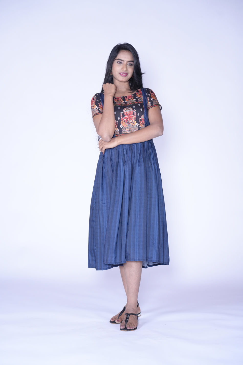 Traditional Ganesh Printed Blue Frill Frock