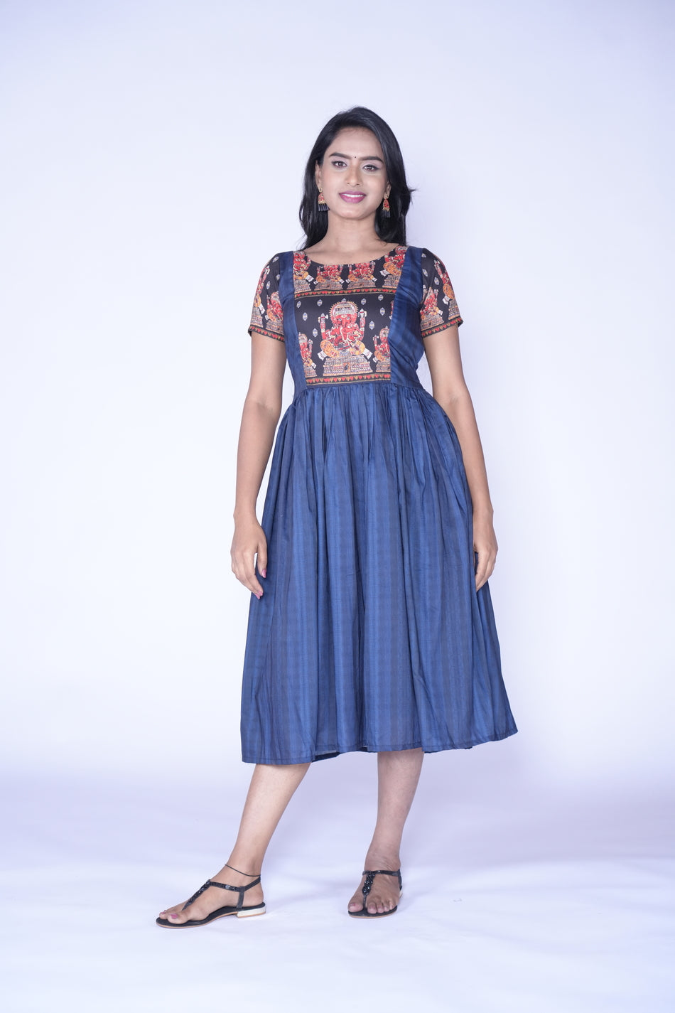 Traditional Ganesh Printed Blue Frill Frock