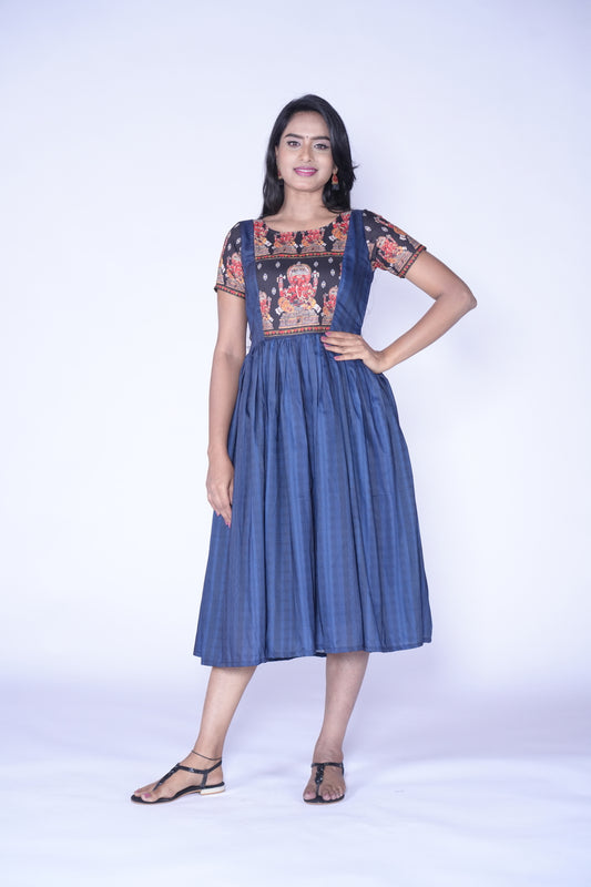 Traditional Ganesh Printed Blue Frill Frock