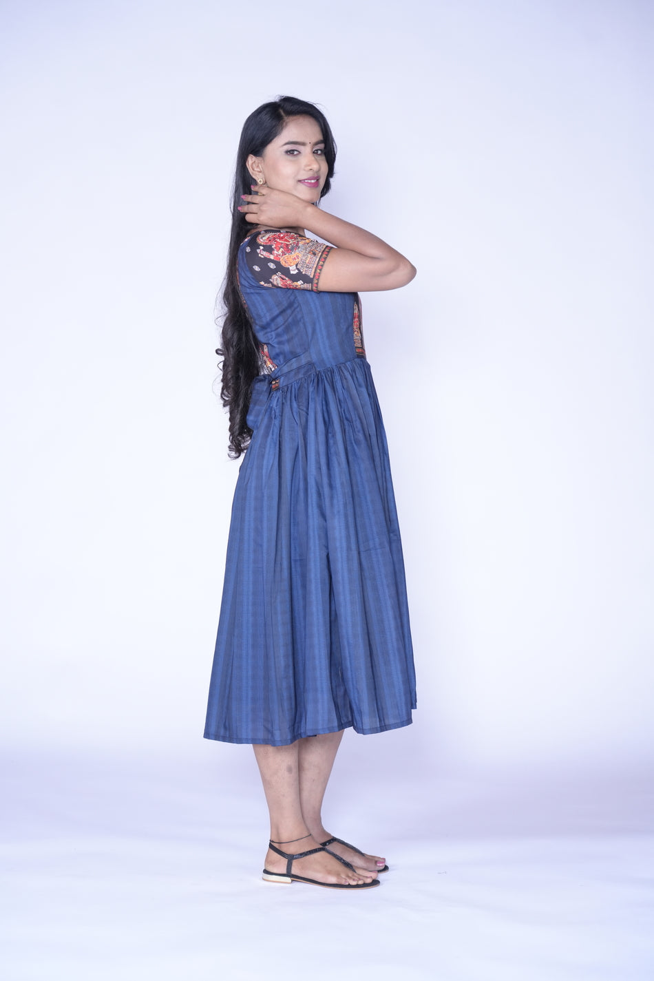 Traditional Ganesh Printed Blue Frill Frock