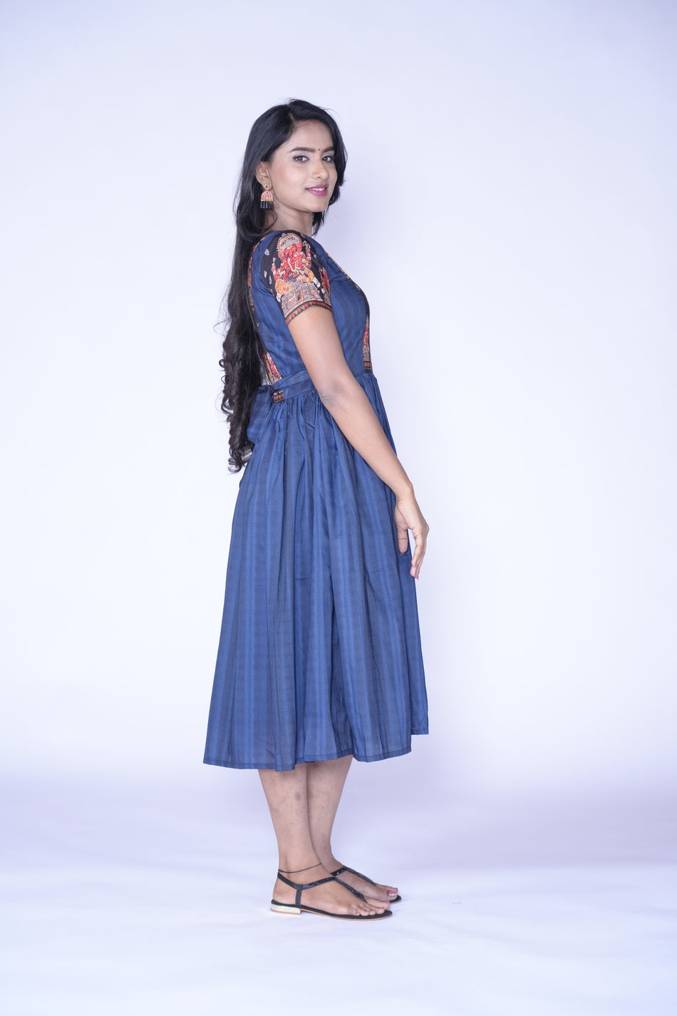 Traditional Ganesh Printed Blue Frill Frock