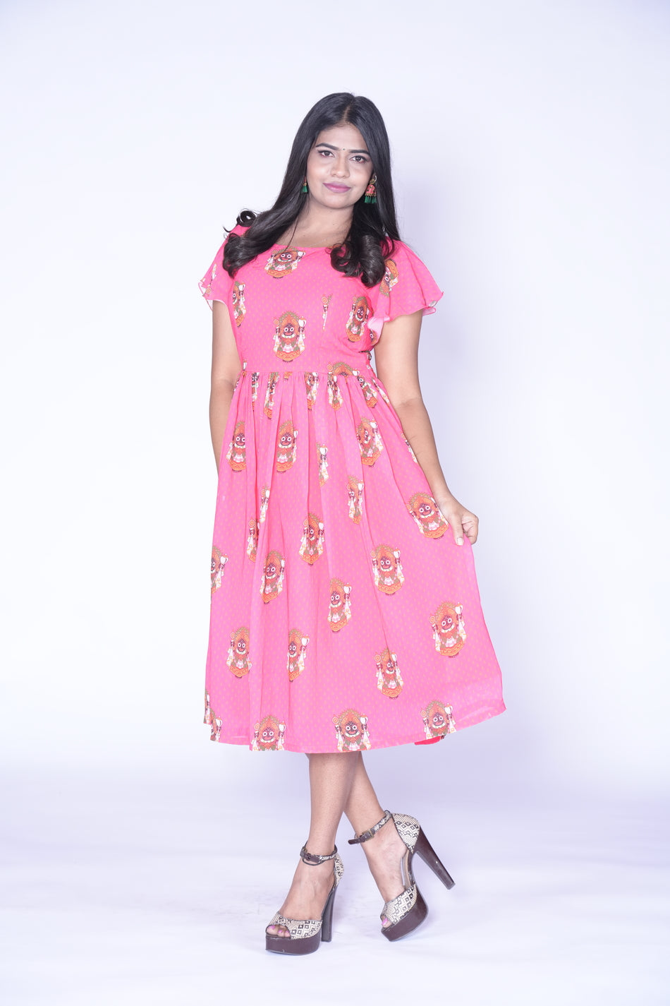 Goddess Printed Peach Color Georgette Frock