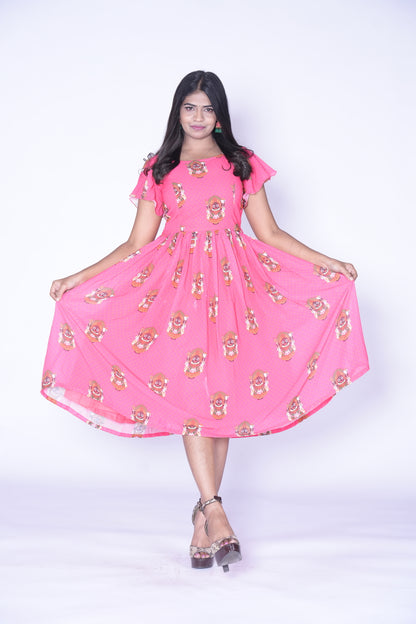 Goddess Printed Peach Color Georgette Frock