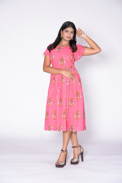 Goddess Printed Peach Color Georgette Frock