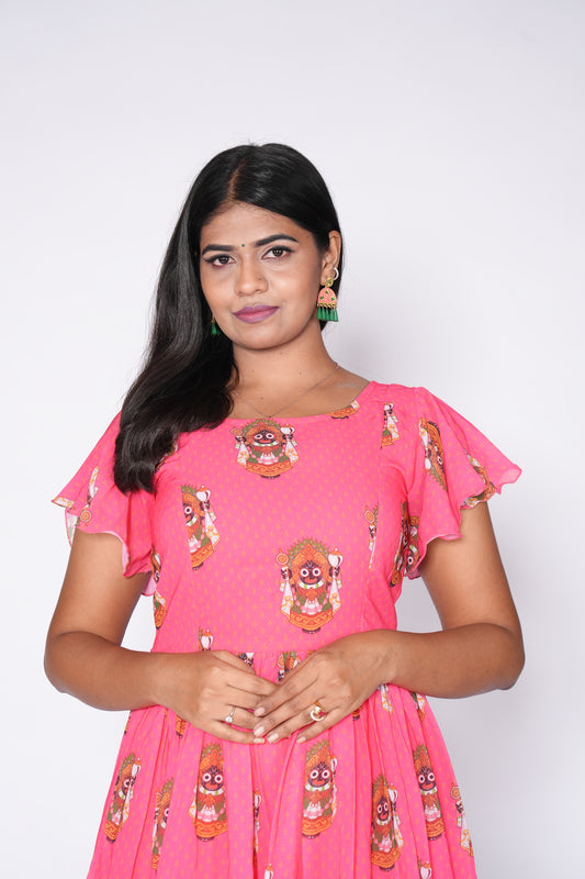 Goddess Printed Peach Color Georgette Frock