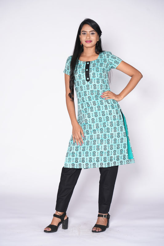 Seagreen with Black Geometric Printed Kurti