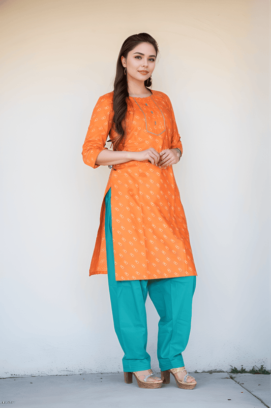 Geometric Pattern Kurti Orange Cotton