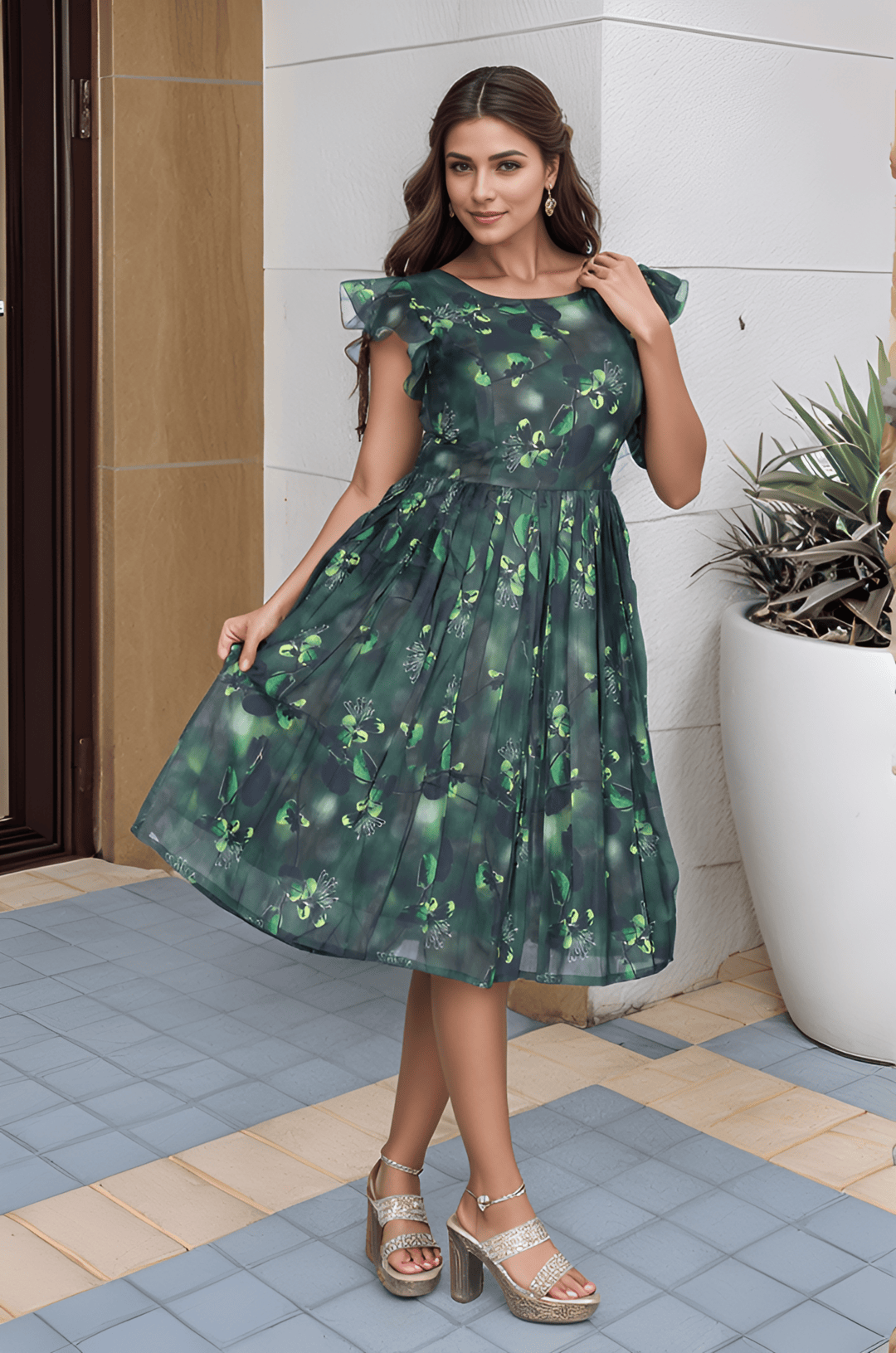 Green Color Floral Print Frock