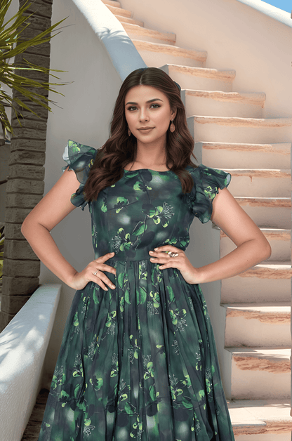 Green Color Floral Print Frock