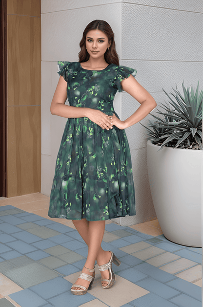 Green Color Floral Print Frock