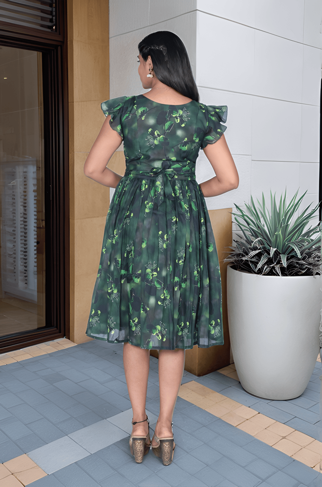 Green Color Floral Print Frock