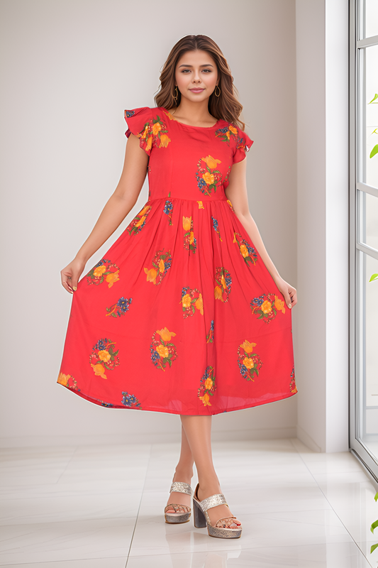 Red Color Floral Frill Frock