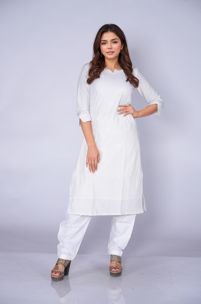 White Self printed Cotton Kurti